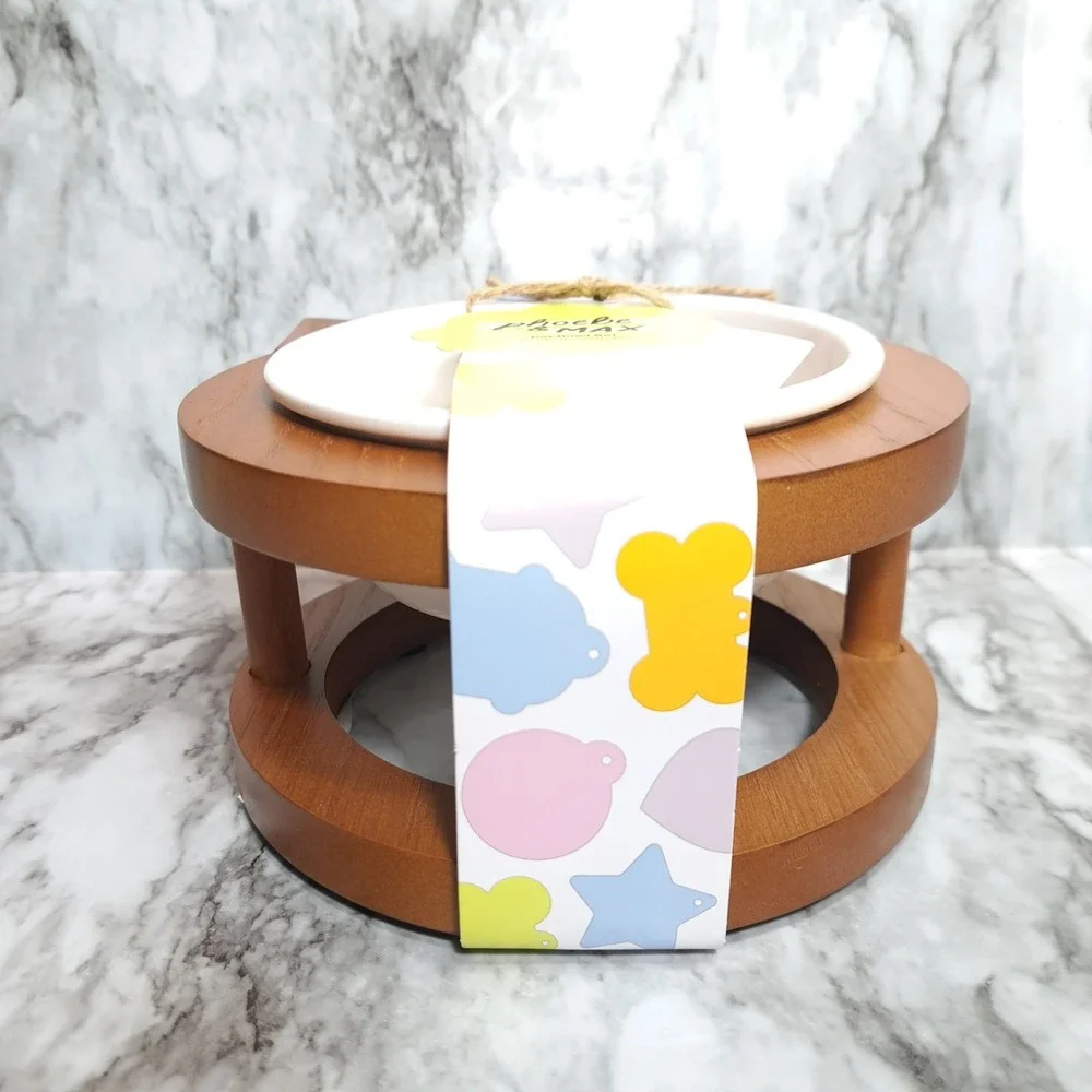 Phoebe & Max Pet Bowl Set Elevated  Ceramic Raised Cat Food Bowl‎ Wood